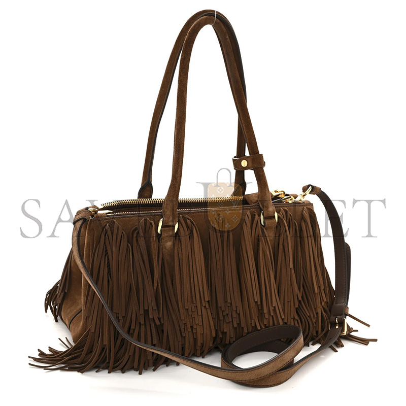 Pra*a SUEDE FRINGE GALLERIA MEDIUM DOUBLE ZIP TOTE COCOA BROWN (30*14*10.5cm)